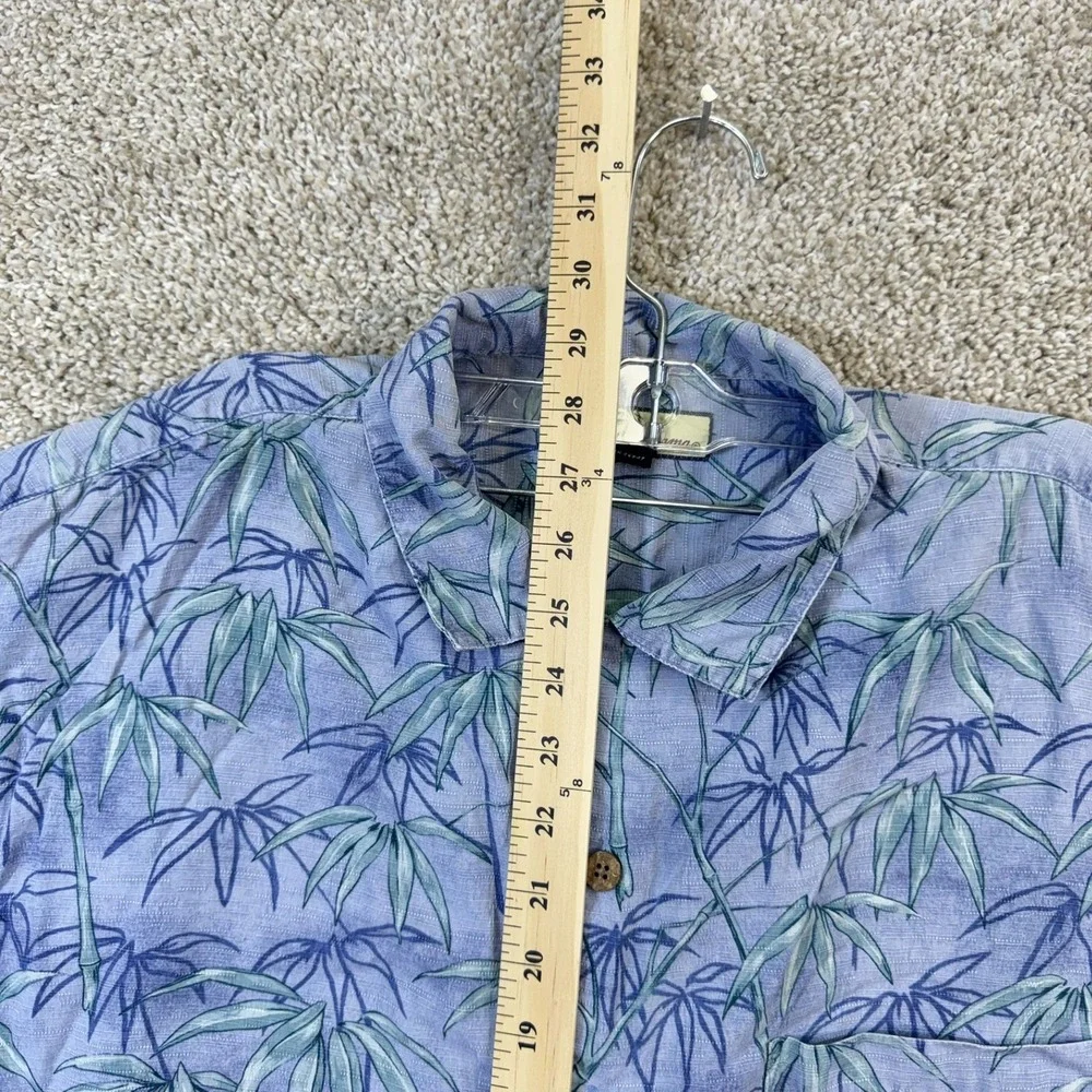 Tommy Bahama Mens‎ Large 100% Silk Blue Bamboo Leaf Print Hawaiian Camp Shirt